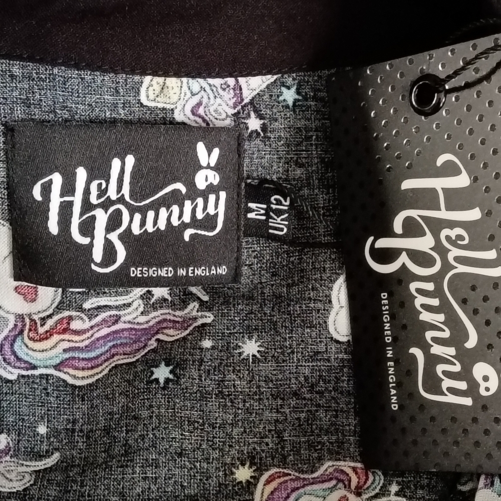 Hell Bunny Unicorn Rockabilly Shirt Black Rainbow & Star Pattern Size M NWT - Picture 9 of 13
